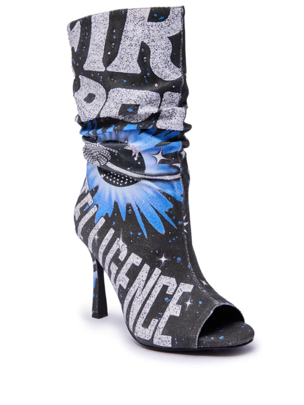 Black & Blue Graphic Peep-Toe Stiletto Sock Boot